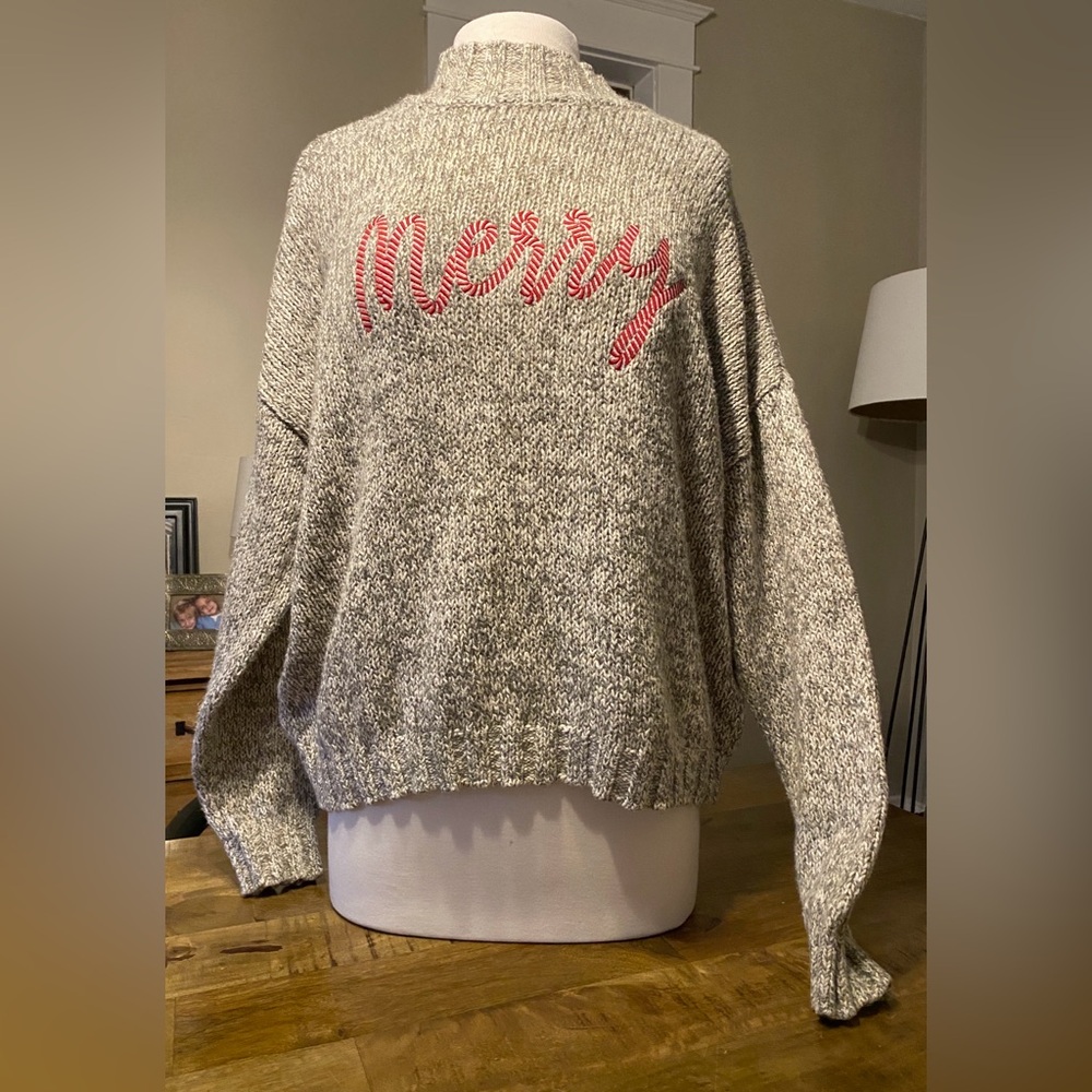Ann Taylor Loft Soft Grey Candy Cane MERRY Christmas Holiday XMAS Sweater XL